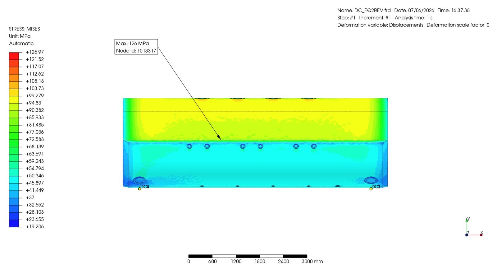 Structural stress analysis result showing stress distribution across an equipment body